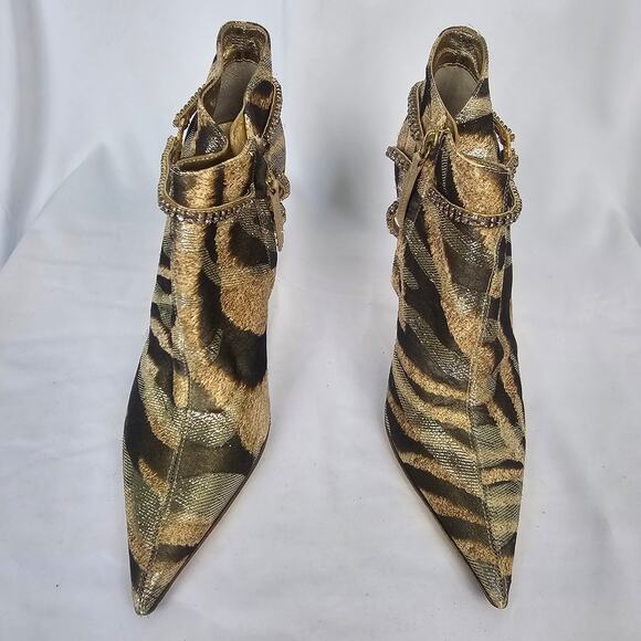 Roberto Cavalli Zebra Metallic Brocade Heels Gold Sole Pointed Toe EU 39 Italy - Picture 3 of 8
